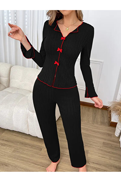 SWEETKORSE Lucy Women's Seasonal Pajama Set Long Sleeve Red Bow Detail Embossed Soft Textured Nightgown