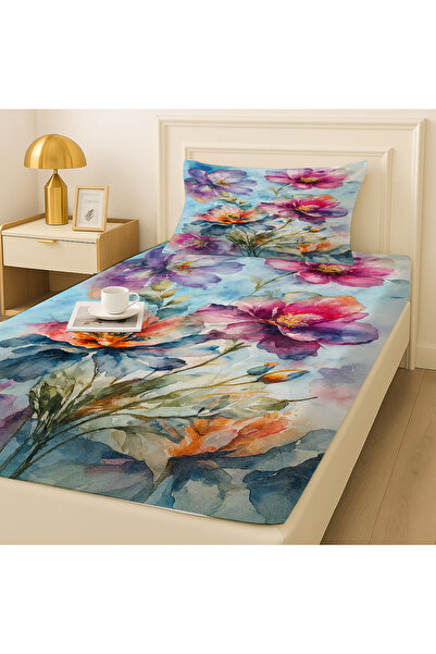 Else Dekor Watercolor Floral Pattern Elastic Single Bed Sheet Set with Pillowcase 100X200Cm