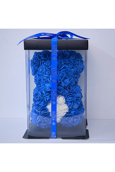 velve Floral teddy bear 25 cm, with bright LEDs, foam roses with white heart, in gift box, Blue
