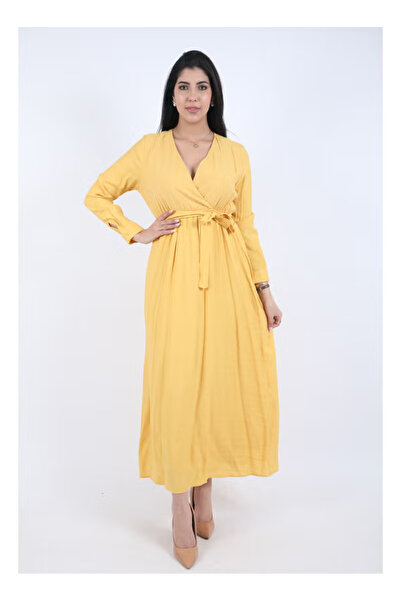 FULLJOY جلابية طويلة بأكمام طويلة وحزام علي الخصر,أصفر