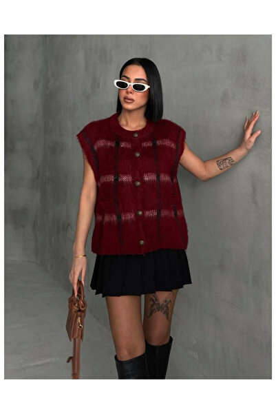 deqfashion Women's Burgundy Plaid Oversize Knit Vest