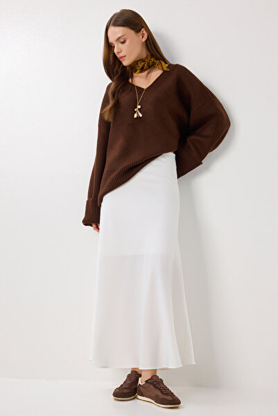 Lovelyİstanbul Fusta lungă din satin LGK0008 ALBĂ