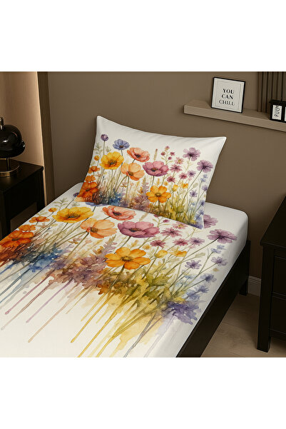 Else Dekor Σετ σεντόνια μονό κρεβάτι με μοτίβο ακουαρέλας λουλούδια με ελαστικό κορδόνι και μαξιλαροθήκη 100x200cm
