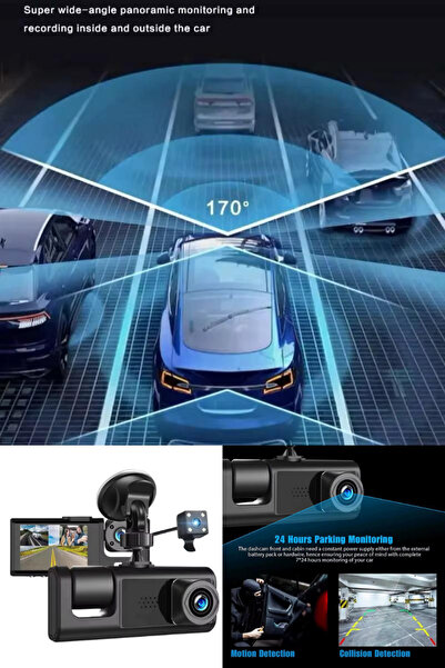 CROW'S TECH 1080P Dash Cam Full Hd Araç içi Kamera Ön Arka ve İç Kayıt 3 Kamera Gece Görüşlü G Sensör Geniş Açı