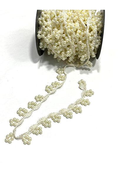 karantuhafiye Κορδέλα με δαντέλα με πέρλες / 1 μέτρο / Κρέμα