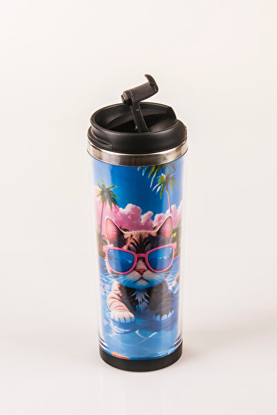 MUKKO HOME Cat Decorated Steel Mug - 360 ml |   Leak-Proof Lid, Steel Inner Bowl, 19 cm