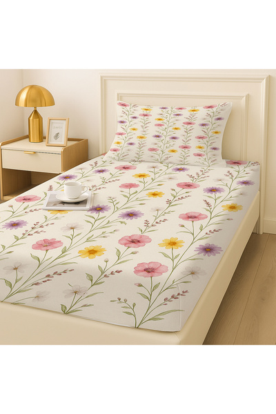 Else Dekor Σετ σεντόνια μονό κρεβάτι με ελαστικό σχέδιο με πολύχρωμα λουλούδια με μαξιλαροθήκη 100x200cm