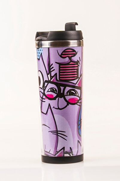 MUKKO HOME Cat Decorated Steel Mug - 360 ml |   Leak-Proof Lid, Steel Inner Bowl, 19 cm