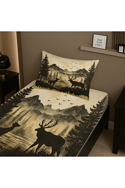 Else Dekor Mountain View Deer Patterned Elastic Single Bed Sheet Set with Pillowcase 100X200Cm