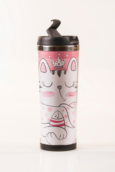 MUKKO HOME Cat Decorated Steel Mug - 360 ml |   Leak-Proof Lid, Steel Inner Bowl, 19 cm