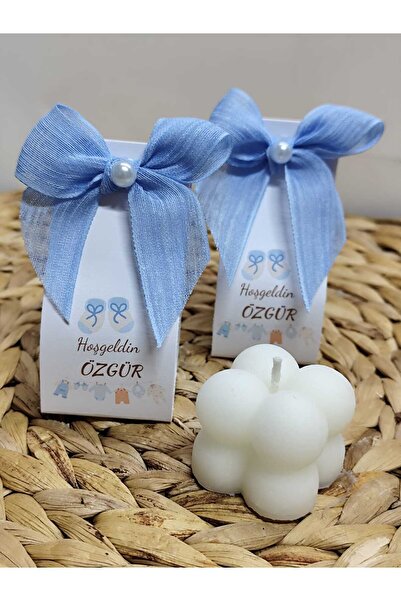 ByDeryaEvent Nişan Nikah Düğün Hediyelik Bubble Mum MAVİ RENK Keten Kurdele Süslemeli 10 ADET