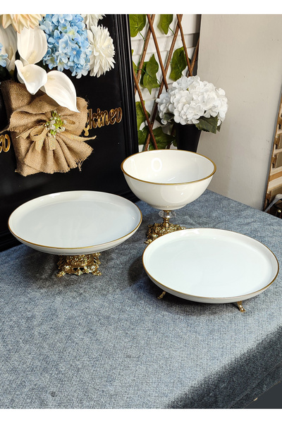 SEÇKİNEV 3 Parça Cool Krem Porselen Ayaklı Masa Sunum Tabağı Set (Gold&Gümüş)