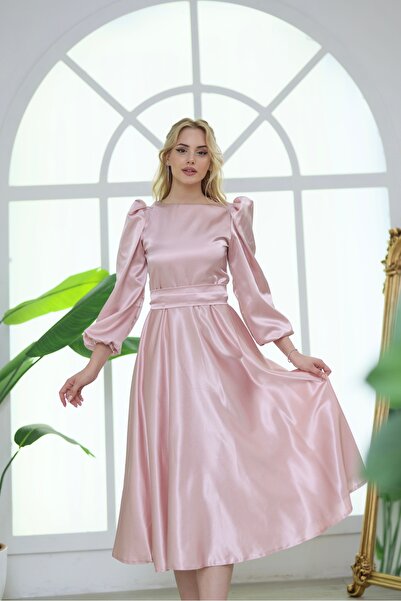 ASLIHANGÜNER ARELIA SATEN MİDİ KAYIK YAKA BALON KOL ABİYE DAVET MEZUNİYET ELBİSESİ