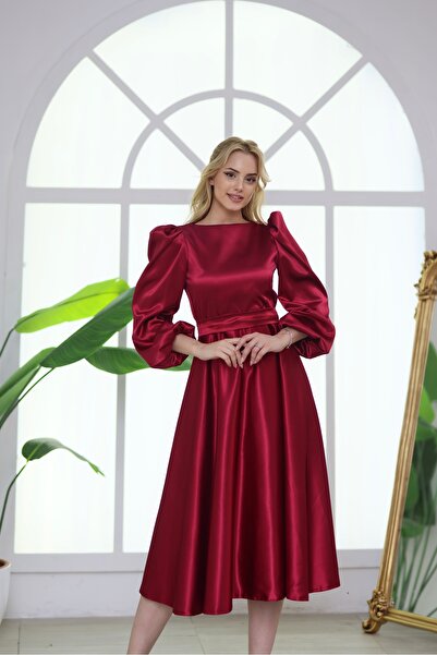 ASLIHANGÜNER ARELIA SATEN MİDİ KAYIK YAKA BALON KOL ABİYE DAVET MEZUNİYET ELB...