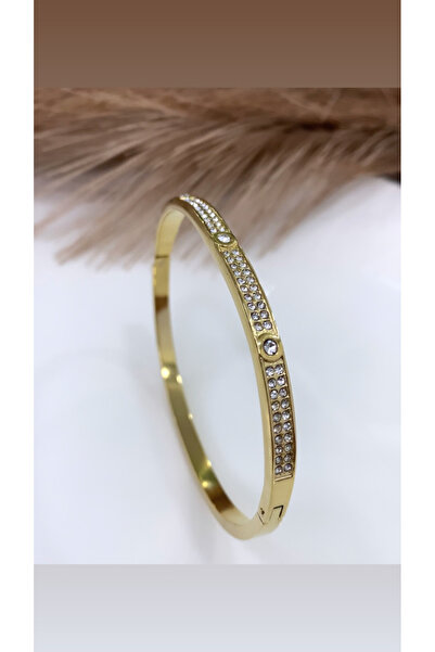 JustGAF Gold Renk Sıralı Gömme Zirkon Taşlı 14k Çelik Kelepçe Bileklik / Bilezik