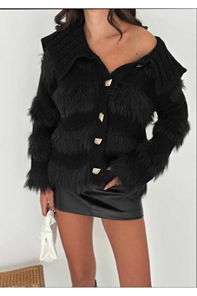 Azra Moda Style Knitwear Cardigan Patterned Beard Fabric Soft Texture Pocket Button Detail Women