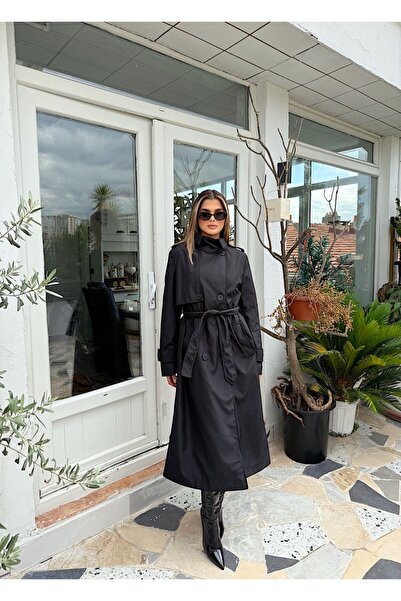 Bak'ap Trench lung cu șireturi, cu detaliu premium la guler