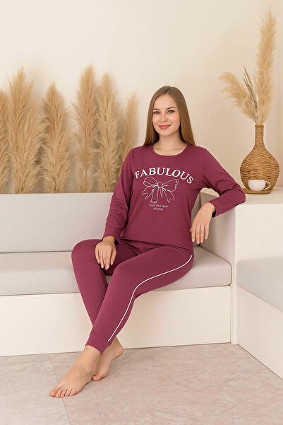Tarık Γυναικείο σετ πιτζάμες με μακρυμάνικο χτενισμένο βαμβακερό ύφασμα με στάμπα με φιόγκο