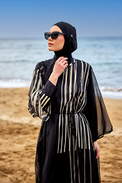 Marina Swimwear Black Modern Line Patterned Full Length Kimono – Lightweight Mesh Fabric Pareo P2511