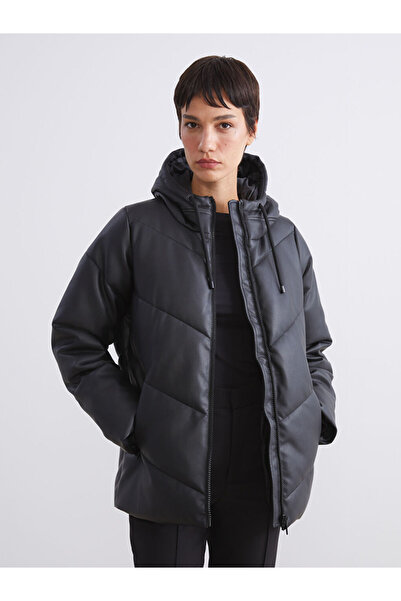 LC Waikiki MG TREND'EN LCW WAIKIKI Siyah Kapüşonlu Kadın Deri Görünümlü Mont