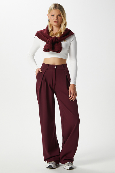 Ritnice Lycra Series Viora Light Pleated Stretchy Burgundy Palazzo Pants