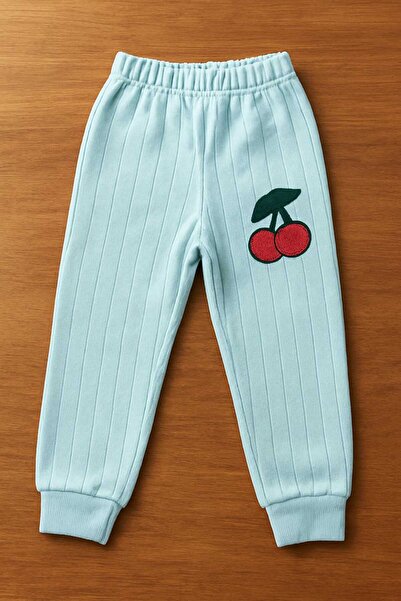 MEICA Kız Çocuk Mavi Ribana Eşofman Altı Kiraz Nakışlı