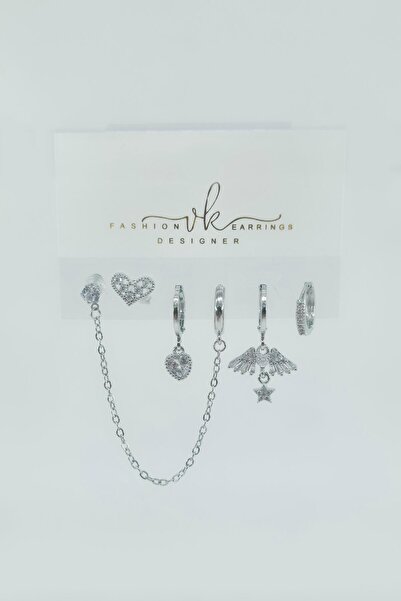 By Zeyna Aksesuar Women's Vip Series Zircon Stone 6-Piece Asymmetric Earring Set – Antiallergenic