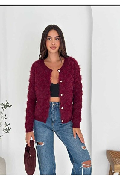Azra Moda Style Knitwear Cardigan Diamond Pattern Soft Texture Beard Fabric Women