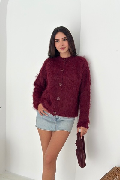 Noi Belis Faux Fur Crew Neck Knitwear Cardigan Aw25Hi0024