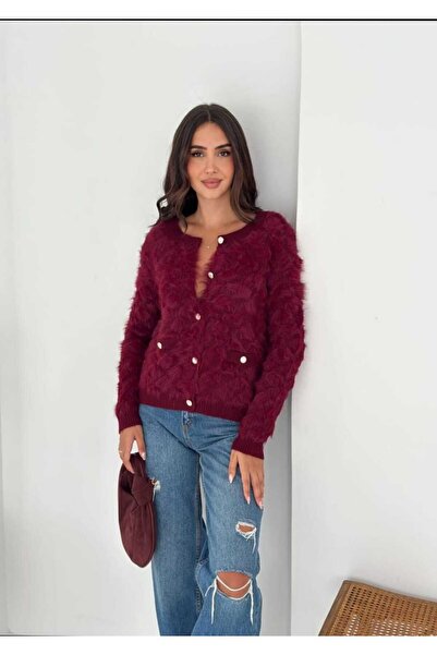 Azra Moda Style Knitwear Cardigan Diamond Pattern Soft Texture Beard Fabric Women