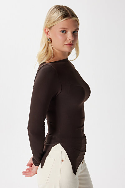 Ritnice Women's Most Polyamide Asymmetrical Brown Long Sleeve Blouse