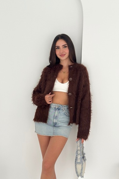 Noi Belis Faux Fur Crew Neck Knitwear Cardigan Aw25Hi0024