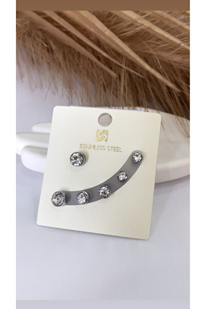 JustGAF Silver color 6-piece (3 pairs) round model single stone steel earrings