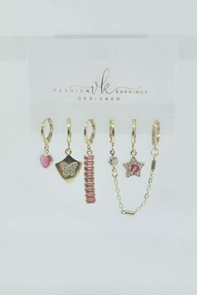 By Zeyna Aksesuar Women's Vip Series Zircon Stone 6-Piece Asymmetric Earring Set – Antiallergenic