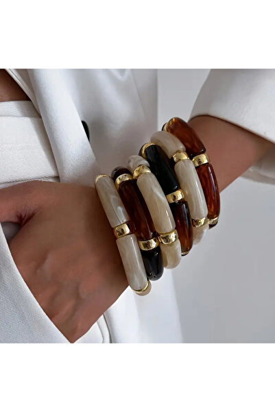 İnci Mercan Bujiteri Reçine - Akrilik Boho Vintage Elastik Manşet Bileklik - 3 ADET