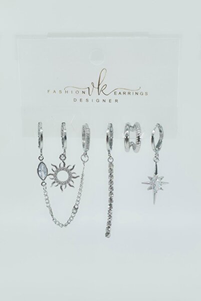 By Zeyna Aksesuar Women's Vip Series Zircon Stone 6-Piece Asymmetric Earring Set – Antiallergenic