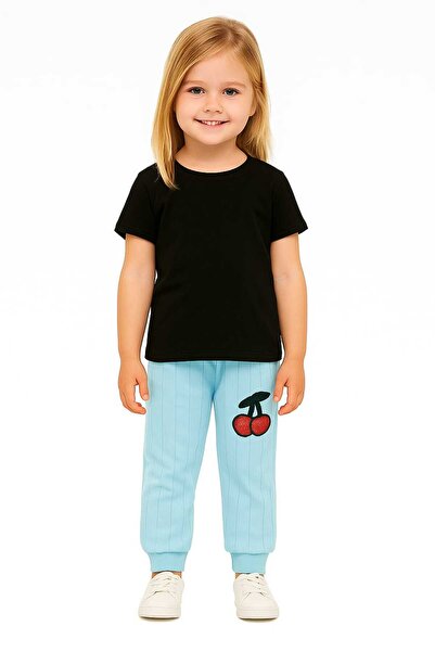 MEICA Kız Çocuk Mavi Ribana Eşofman Altı Kiraz Nakışlı