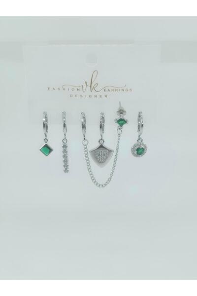 By Zeyna Aksesuar Women's Vip Series Zircon Stone 6-Piece Asymmetric Earring Set – Antiallergenic