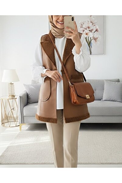 Moda Ebrar Lamb Plush Double Pocket Vest - Tan