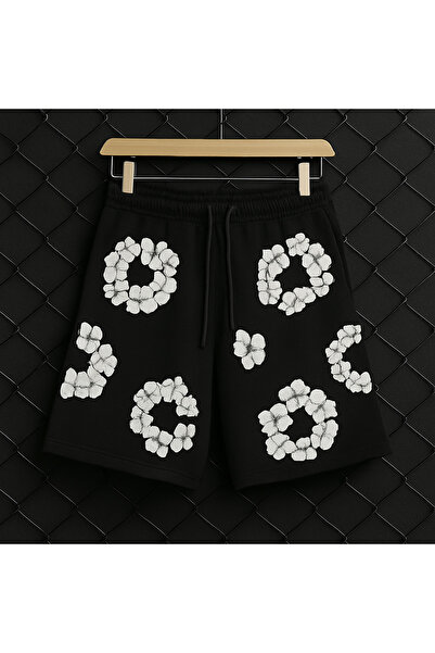 CLASSY.MODA Unisex Şort - Kabartmalı Çiçek Baskılı - Rahat Kalıp - Yazlık Spor Şort Kadın Erkek