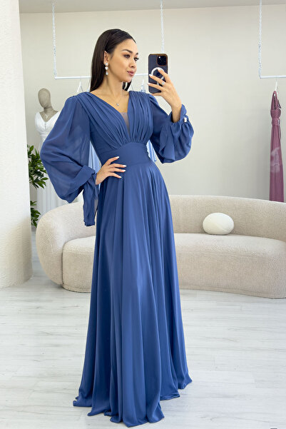 the ZKS Rochie de seară lungă, cu mâneci lungi, cu pliuri în față, de lungime maxi