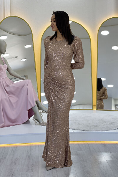 the ZKS Women's Gold Draped Long Sleeve Long Sequin Evening Dress Plus Size Optional