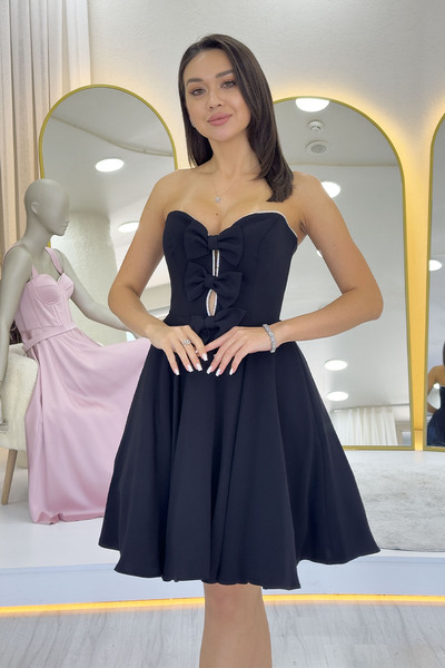 the ZKS Women's Black Short Strapless Bow Detail Evening Dress