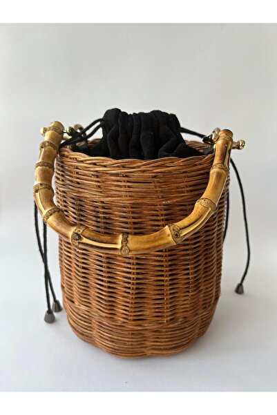 Petek Rattan El Yapımı Rattan Hasır Çanta – Bambu Saplı, Siyah Astar, Omuz As...