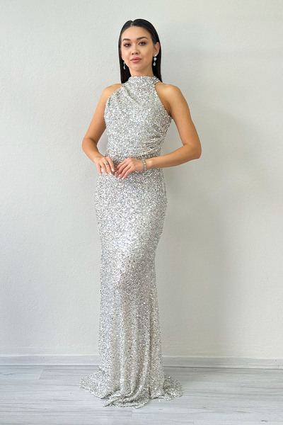 the ZKS Beige Halter Neck Sequin Tailed Evening Dress