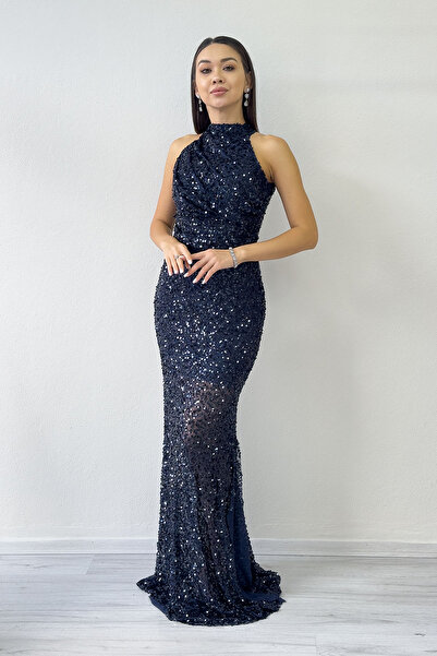 the ZKS Navy Blue Halter Neck Sequin Tailed Evening Dress