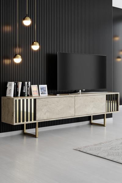 Modatte LİNE METAL AYAKLI TV ÜNİTESİ DUVARA MONTAJ YAPILABİLİR TRAVERTEN GOLD