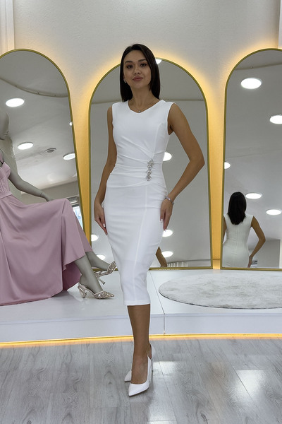 zks grup tekstil White Draped Midi Length Plus Size Pencil Dress with Brooch Detail