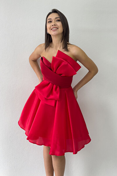 zks grup tekstil Red Bow Strapless Mini Flared Evening Dress
