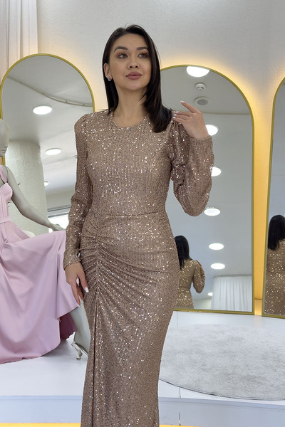 the ZKS Women's Gold Draped Long Sleeve Long Sequin Evening Dress Plus Size Optional